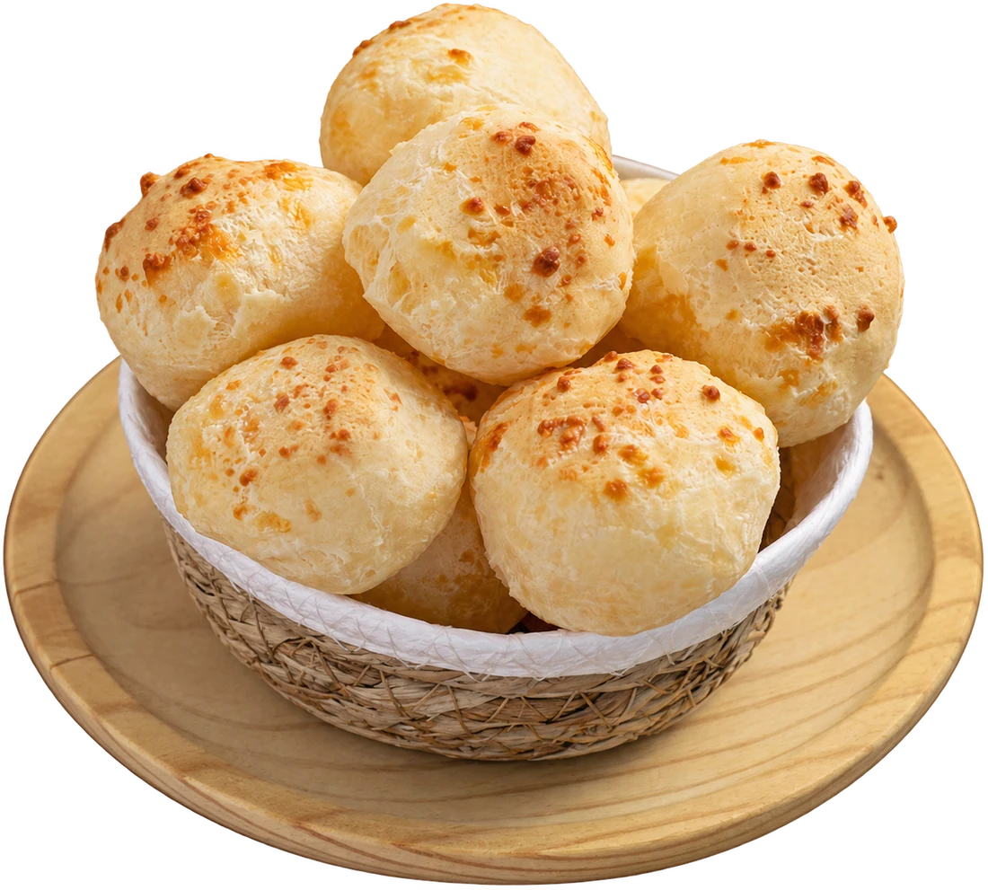 Canasta con pan de yuca sobre un plato de madera